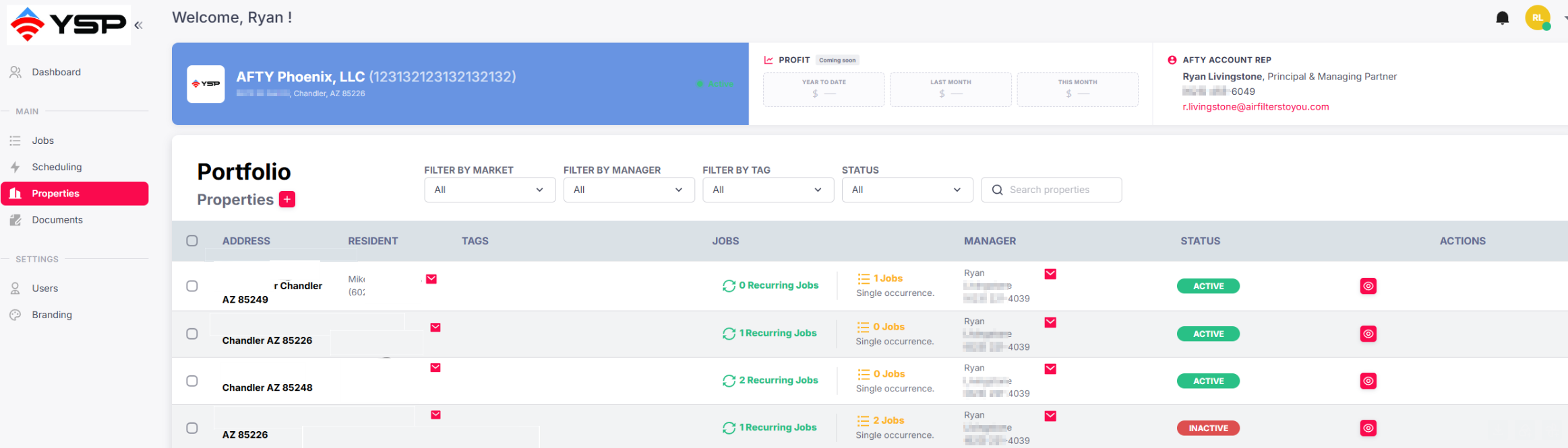 Your properties portfolio, showing each property's active or inactive status.