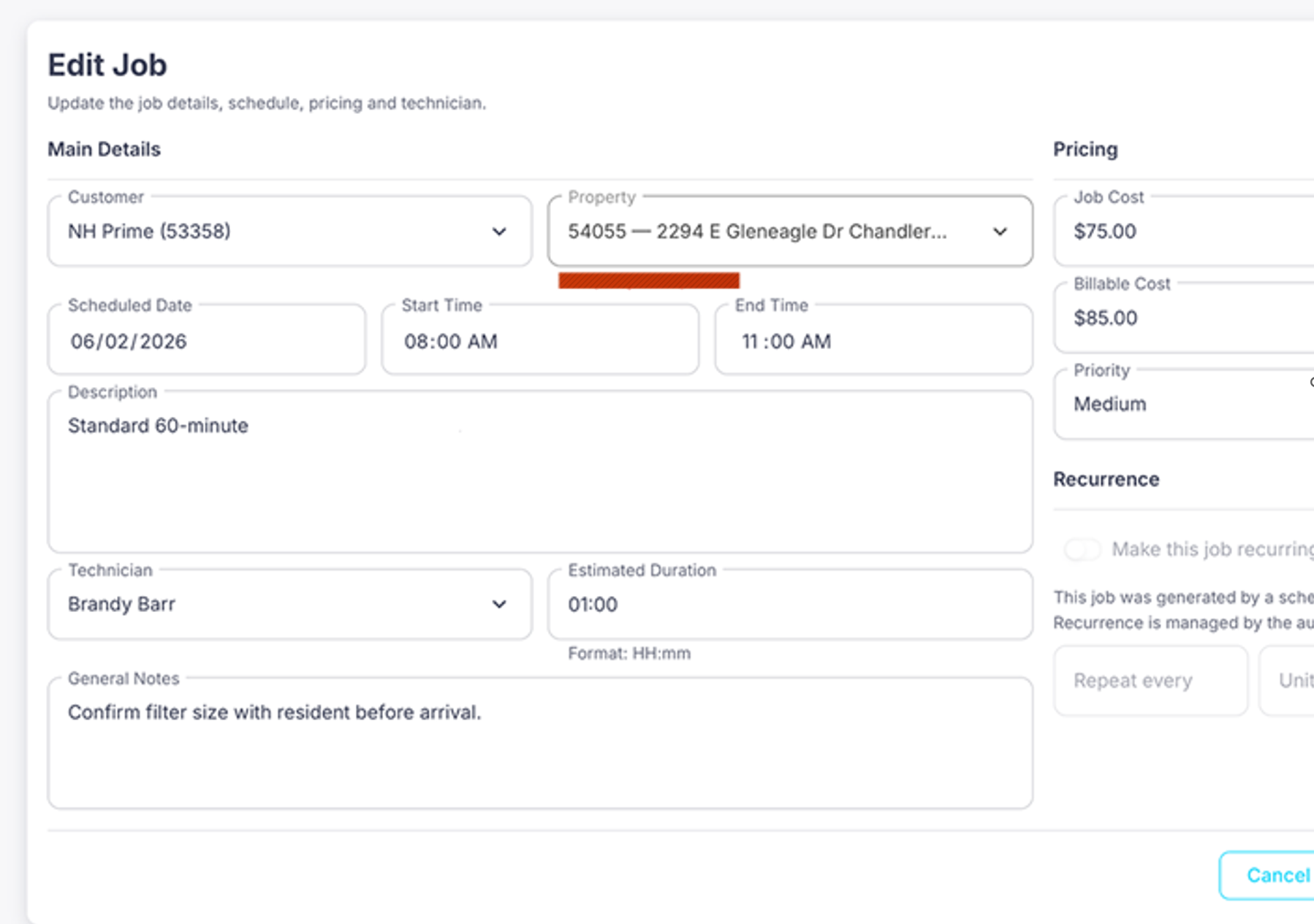 Fieldly work order and invoicing screen for a pool service visit.